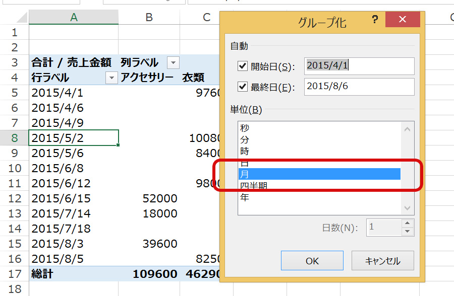 月表示にします